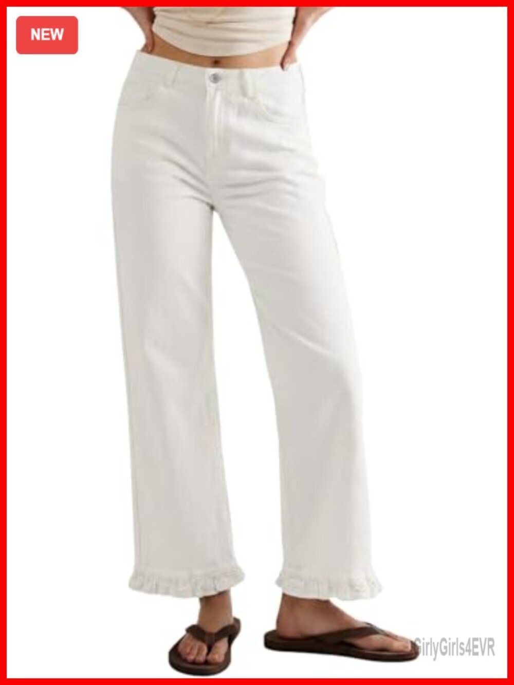 Wide Leg Jeans with Ruffle Hem - High Rise Stretchy Denim Pockets